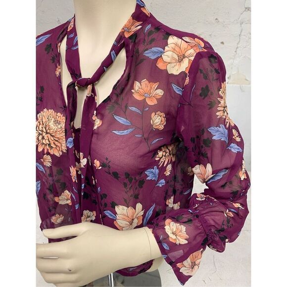 Forever 21 Burgundy Floral Shear Long Sleeve Blouse Collar Sash Ladies Size Smal - Picture 2 of 5